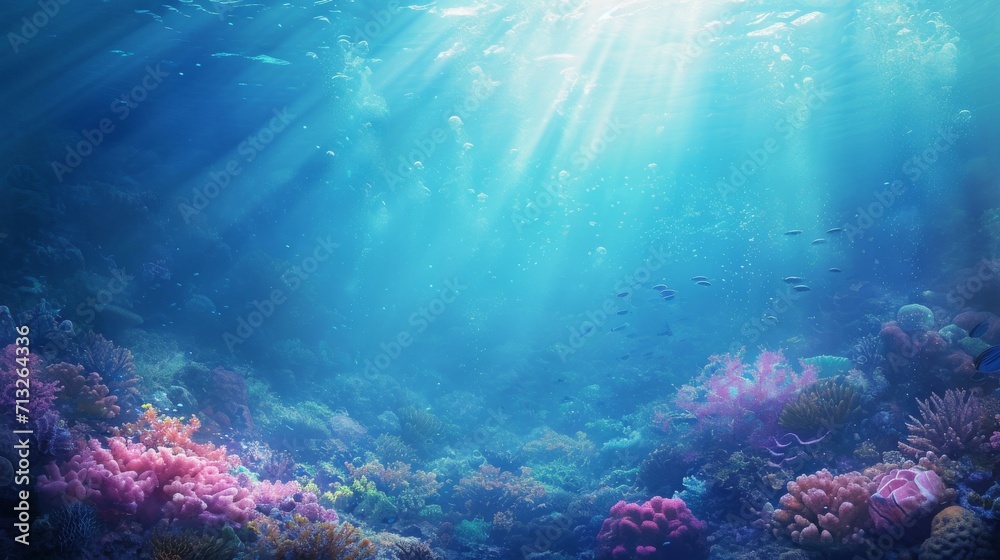 Abstract depiction of a dreamy underwater world with coral reefs and marine creatures background