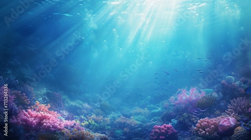 Abstract depiction of a dreamy underwater world with coral reefs and marine creatures background © furyon