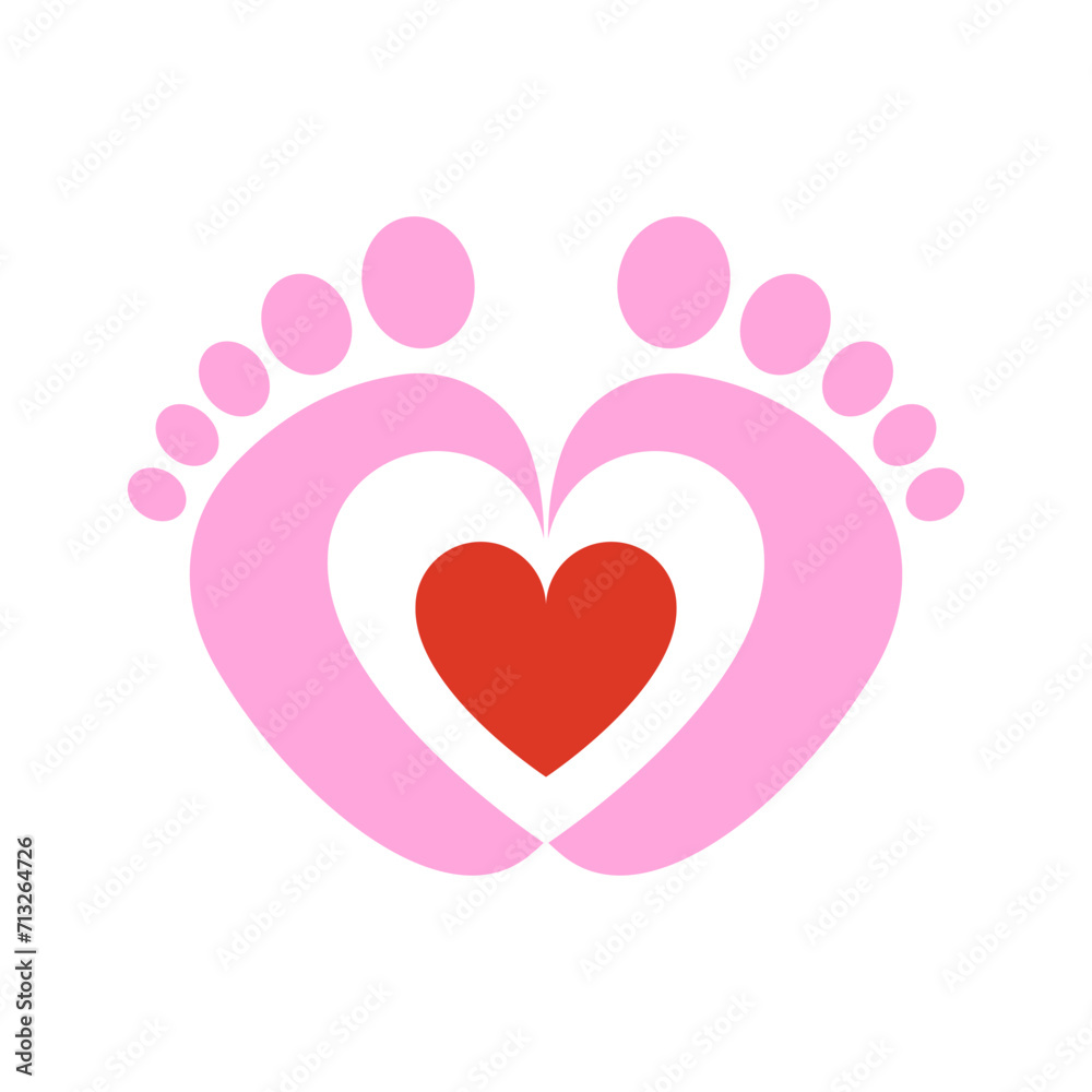 Heart symbol of a child's foot of a barefoot girl. Illustration.