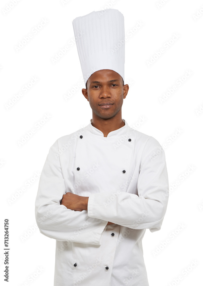 Portrait, african chef and confident in studio in hospitality career, cooking job and small business entrepreneur. Black man, arms crossed and food industry and uniform with hat by white background Portrait, african chef and confident in studio in hospitality career, cooking job and small business entrepreneur. Black man, arms crossed and food industry and uniform with hat by white background