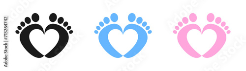 Baby foot barefoot heart icon. Set.
