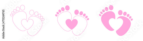 Heart symbol of a child's foot of a barefoot girl. Illustration. Set.