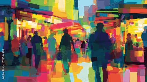 Abstract representation of a bustling city market with vivid colors and dynamic shapes background