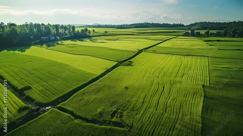 Aerial drone view of green rice field. Above view of agricultural field, and river. Natural pattern of green rice farm. Beauty in nature. Sustainable agriculture. Carbon neutrality. 