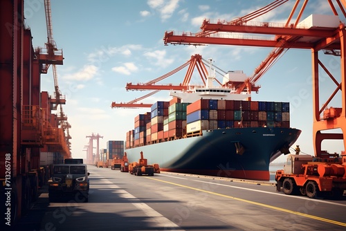 Cargo ship with crane loading container for import or export at terminal port.
