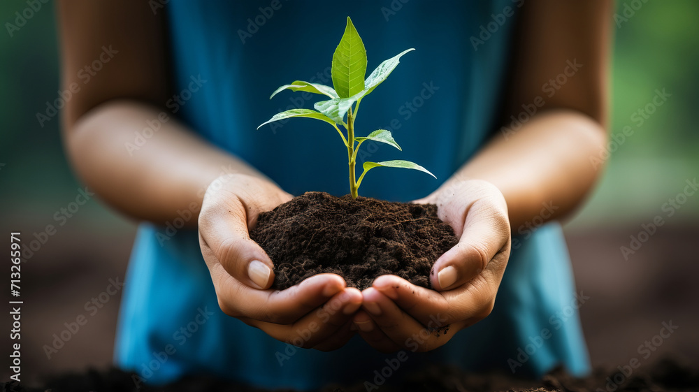 A person gently holds a thriving plant in their hands, sustainable concept. A person gently holds a thriving plant in their hands, sustainable concept.