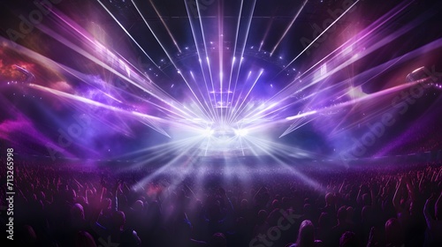 Arena or Stadium concert with center stage, illuminated with purple lasers. Cheering and excited full crowd. photo