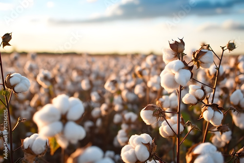 Cotton farm during harvest season. Field of cotton plants with white bolls. Sustainable and eco-friendly practice on a cotton farm. Organic farming. Raw material for textile industry.
