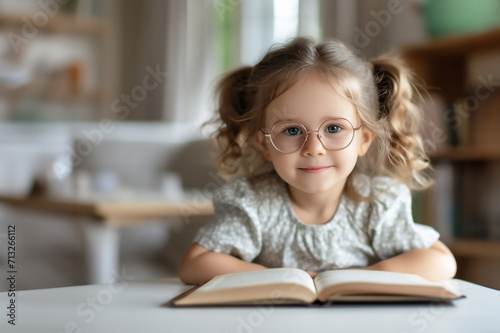 Portrait of a little European girl, girl with glasses reading books