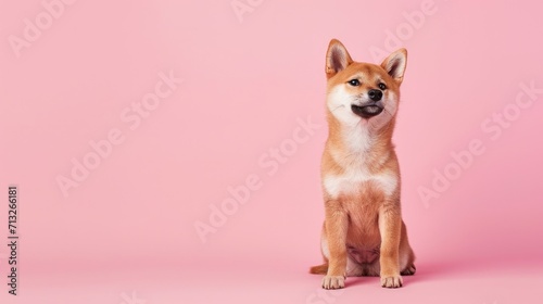 photo portrait of a cute sitting Shiba Inu puppy on a light pink background © Olga