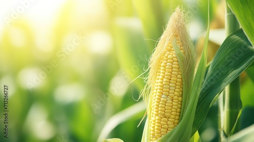 closeup corn with green farm as background, economic crops in farmland, Generative Ai