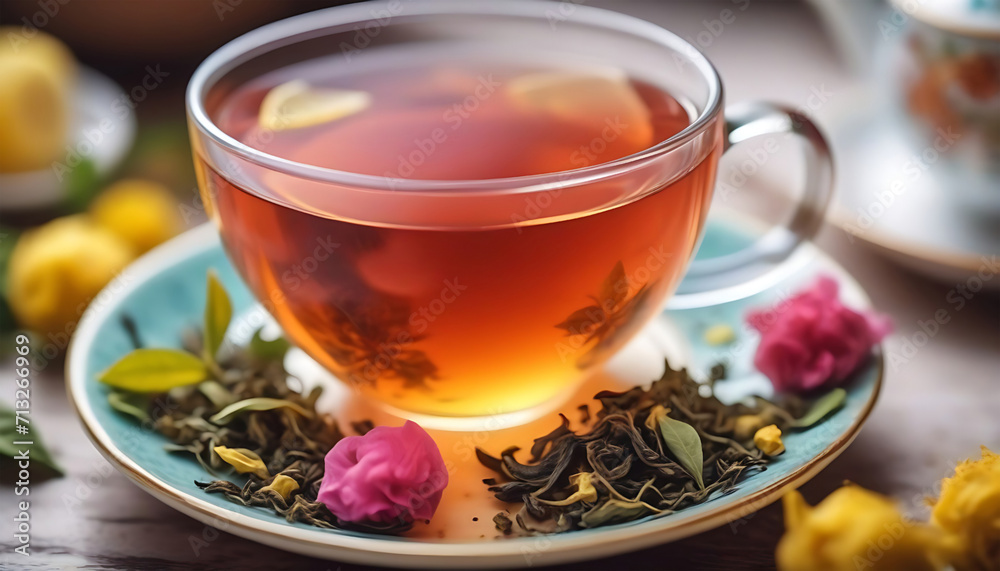 Cup of tea with lemon and rose flowers on the table. Generative AI Cup of tea with lemon and rose flowers on the table. Generative AI