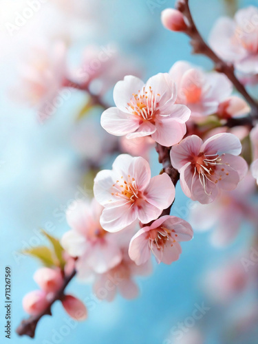 branches of blossoming cherry against background of blue sky  Pink sakura flowers  dreamy romantic image spring