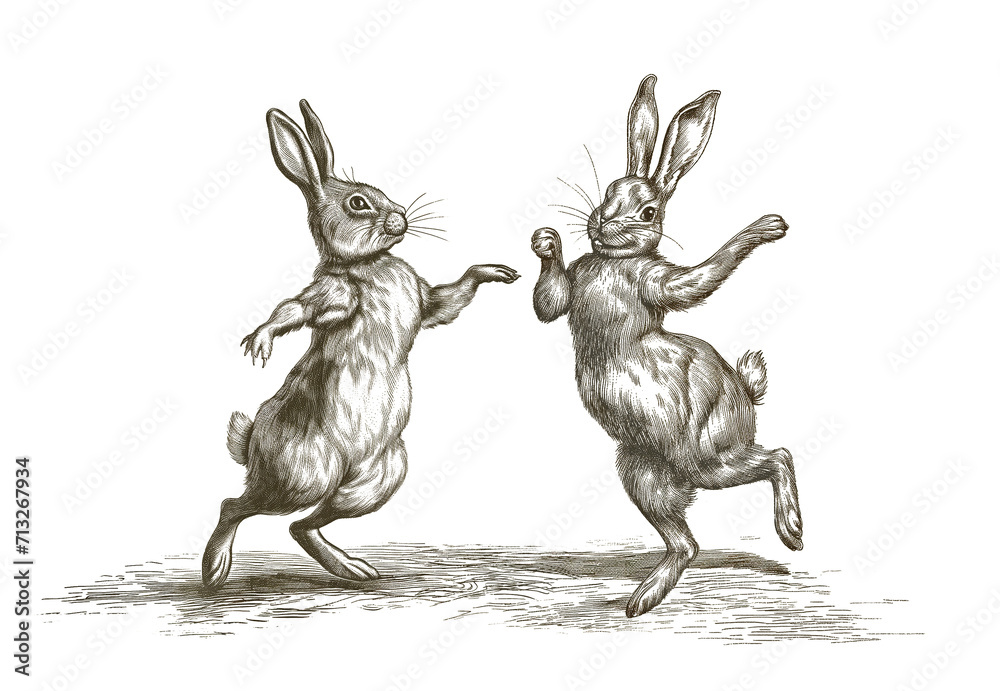 Fototapeta premium Two dancing easter bunnies. Celebration dance. Easter image. Vintage engraving