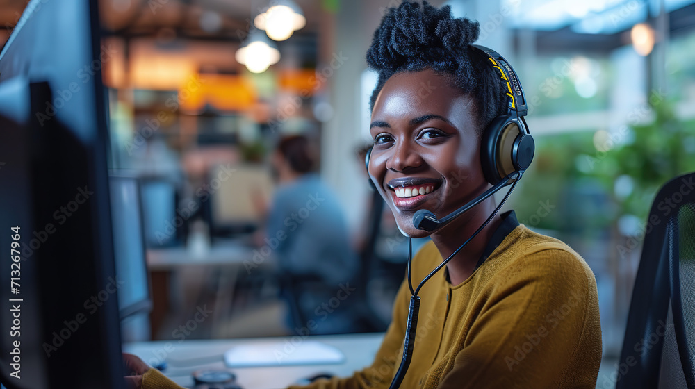 Female Telemarketer in Headset, Consulting Online Customer on Computer in Customer Support Office. Generative AI	