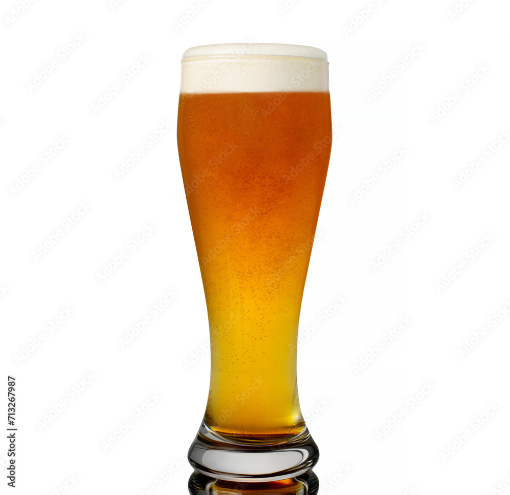 Red beer IPA with gentile foam in clear beer glass isolated on white background with glass reflection Red beer IPA with gentile foam in clear beer glass isolated on white background with glass reflection