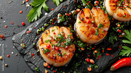 Grilled scallops on a black background top view with copy space photo