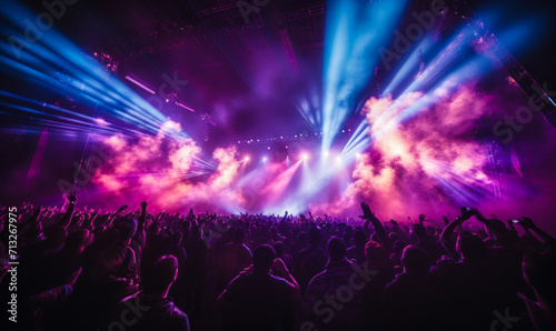 Energetic crowd enjoying a live concert with vibrant pink and blue stage lights at a music festival, capturing the essence of entertainment and nightlife
