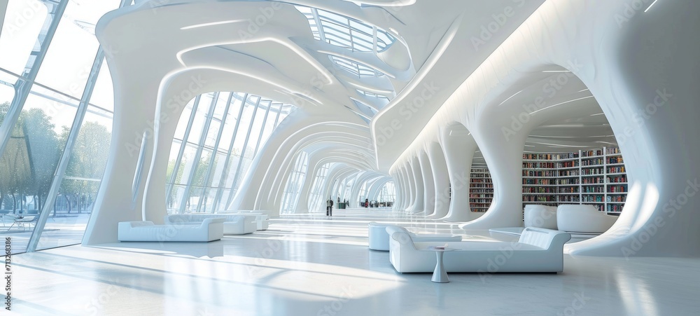 Modern minimalist interior of open space public place in modern building. Soft hues with a predominance of white color, organic natural shapes, floor-to-ceiling windows. Contemporary interior design. Modern minimalist interior of open space public place in modern building. Soft hues with a predominance of white color, organic natural shapes, floor-to-ceiling windows. Contemporary interior design.