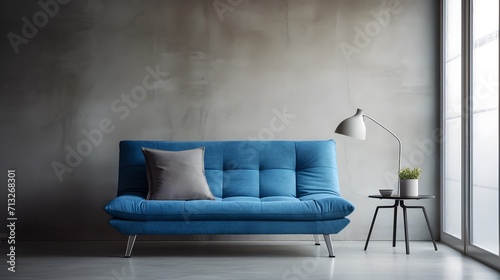 Blue sofa against concrete wall. Scandinavian loft home interior design of modern living room in minimalist studio apartment. 