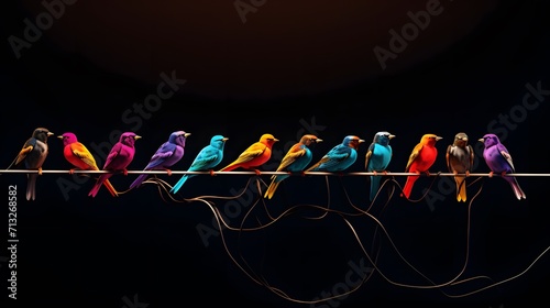 Colorful birds on a telephone wire. all different colors and patterns. Colorful eye-catching abstract background for creative and diverse content. Black background. Extra wide format. photo