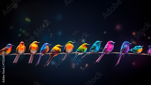 Colorful birds on a telephone wire. all different colors and patterns. Colorful eye-catching abstract background for creative and diverse content. Black background. Extra wide format. photo