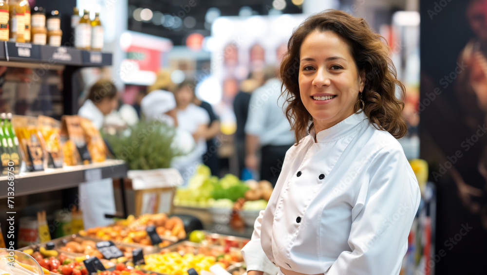 A smiling woman at a food expo booth
