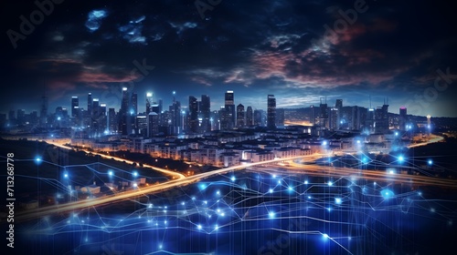 Digital city with high speed information and power grid. Digital community, smart society. DX, Iot, urban and rural nature areas digital network. digital society concept.  