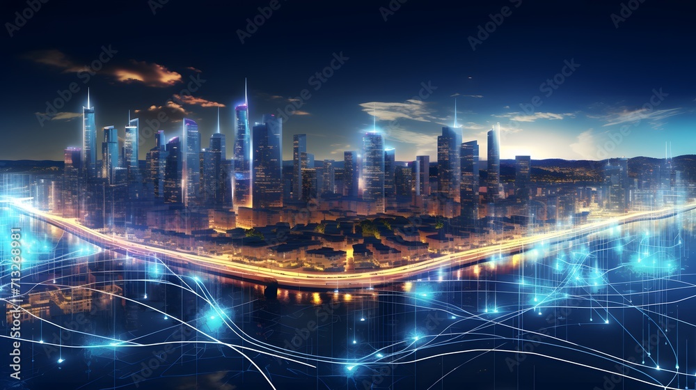 Digital city with high speed information and power grid. Digital community, smart society. DX, Iot, urban and rural nature areas digital network. digital society concept. 
