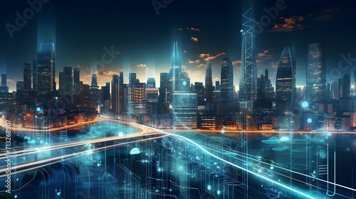 Digital city with high speed information and power grid. Digital community, smart society. DX, Iot, urban and rural nature areas digital network. digital society concept.  © Ziyan