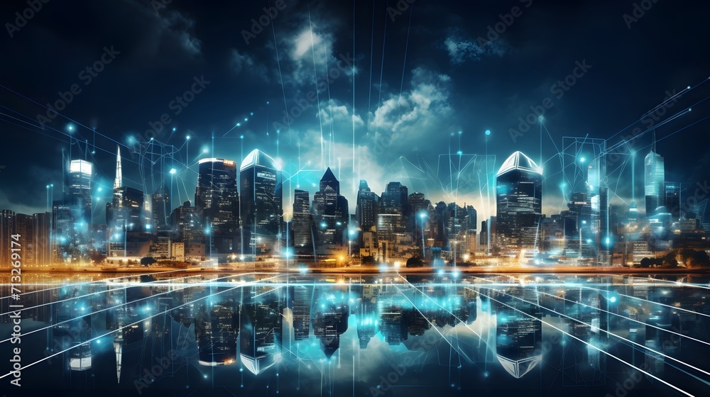 Digital city with high speed information and power grid. Digital community, smart society. DX, Iot, urban and rural nature areas digital network. digital society concept. 
