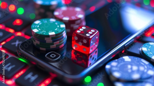 Close up of smartphone, dices and poker chips on display. Online gaming concept.  photo