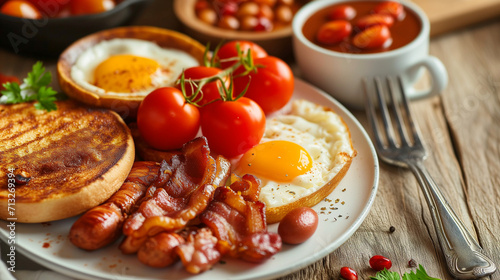 Professional photograph of traditional english breakfast. Breakfast with eggs, beans, bacon and salad.