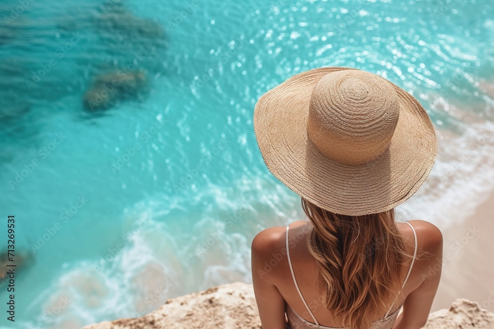 Women's beach accessories bag, straw hat, flip flops, shells, sunglasses, palm leaves on a sand background. Exotic, tropical mood. Summer vacation, travel concept. Flat lay. Copy space.