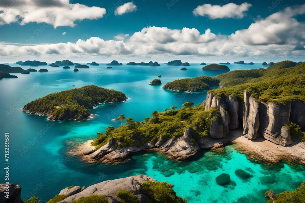 view of a Western archipelago, with rocky cliffs, turquoise waters, and