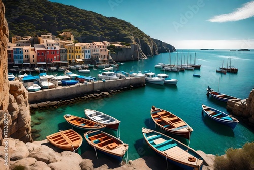 a Western coastal town with colorful boats docked at a quiet harbor, framed by cliffs and overlooking the expansive ocean under a clear sky photo