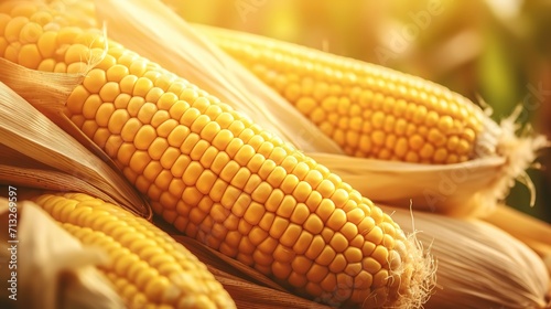 close up ripe corn stack with soft light, Generative Ai