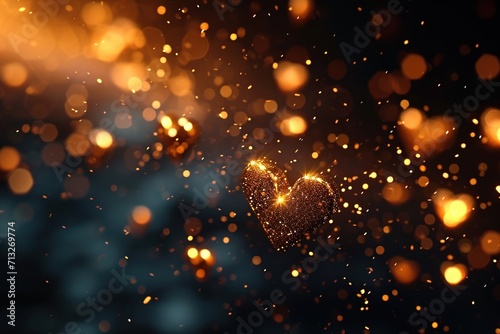 golden heart on blurry background, bokeh, bokeh background, romantic, Valentine's day, depth of field, heart-shaped multi-colored lights, haze, rainbow, blurred background.