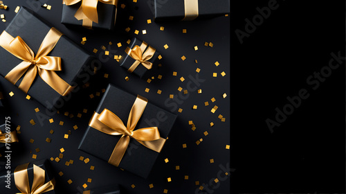 Elegant Black Gift Boxes with Golden Confetti - Stylish Present for Celebrations and Special Occasions on Isolated Background © Sunanta