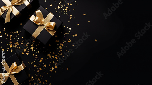 Elegant Black Gift Boxes with Golden Confetti - Stylish Present for Celebrations and Special Occasions on Isolated Background