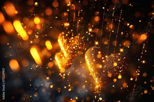 golden heart on blurry background, bokeh, bokeh background, romantic, Valentine's day, depth of field, heart-shaped multi-colored lights, haze, rainbow, blurred background.