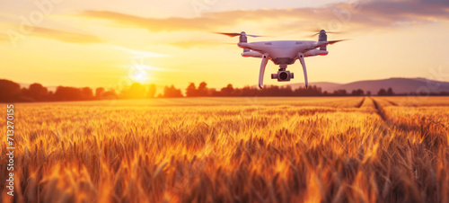 Close-up of agricultural drone flying over vast wheat field. Bright setting sun above the horizon. Using quadcopters for crop monitoring and spraying. Smart farming and precision agriculture. © Georgii