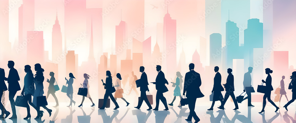 Illustration of busy office workers walking around. Silhouettes of people and cityscape.