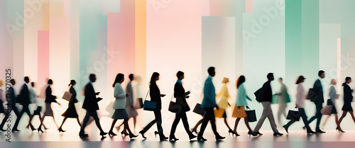 Illustration of office workers busy walking. A view from the side. Silhouettes of people and cityscape. © feelsogood
