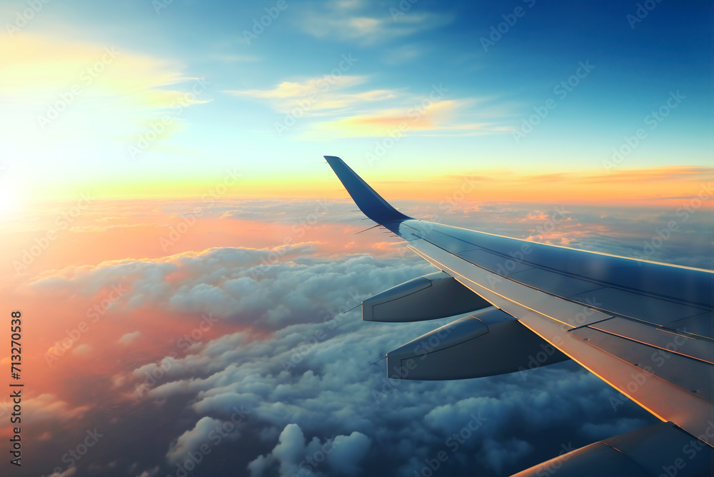 Fototapeta premium View from the airplane window, view of the airplane wing.