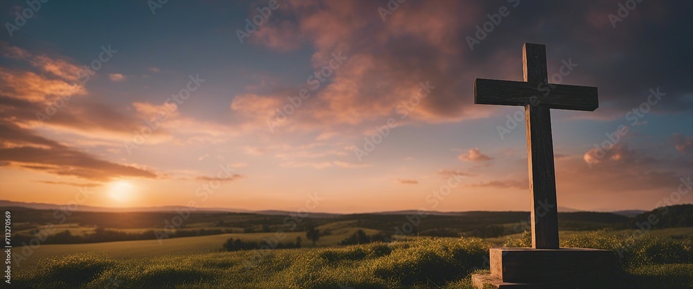 A wooden cross stands against a vivid sky, clouds parting around it, symbolizing hope and faith A wooden cross stands against a vivid sky, clouds parting around it, symbolizing hope and faith