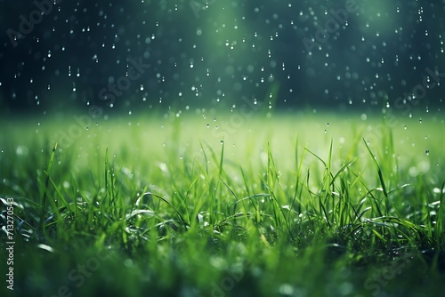 closeup of heavy rain on green grass in monsoon season