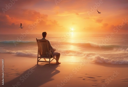 Image of a summer season a man sitting on a chair at the edge of the beach during sunset.