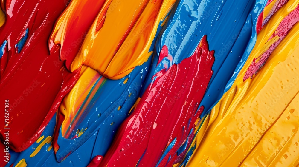 Brush strokes and paint drips in primary colors background - obrazy, fototapety, plakaty 