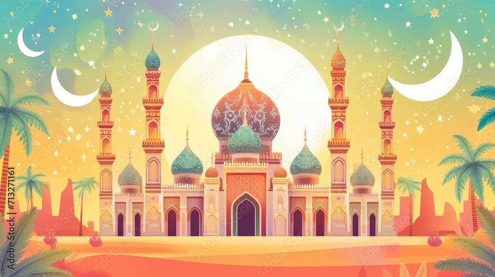 Colorful Ramadan Greeting Card with Festive Illustrations